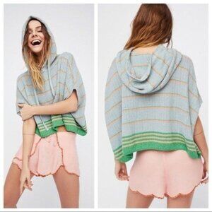 Free People Shimmer & Sheen Hoodie Poncho Sweater Small Blue Green Orange Stripe